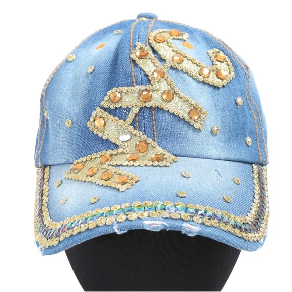 Source Unknown Accessories - Vintage 90’s Washed Denim Crystal Gold “NYC”’ Slightly distressed Baseball Hat